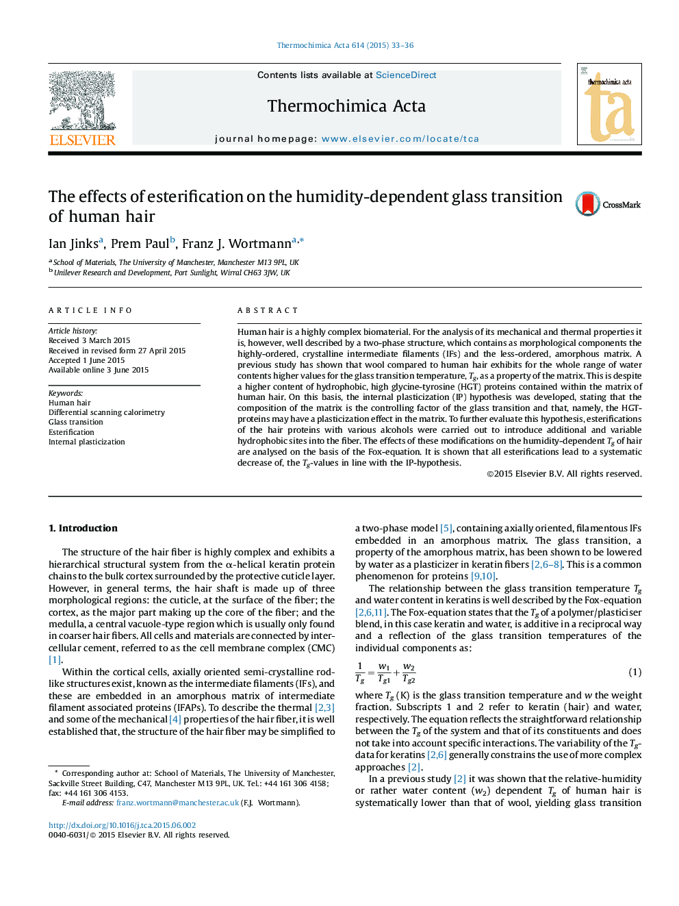 The effects of esterification on the humidity-dependent glass transition of human hair