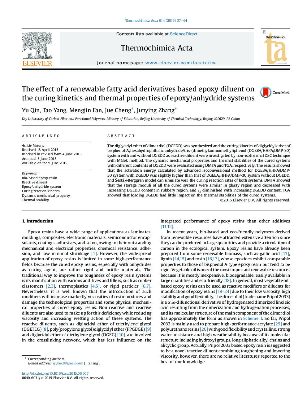 The effect of a renewable fatty acid derivatives based epoxy diluent on the curing kinetics and thermal properties of epoxy/anhydride systems