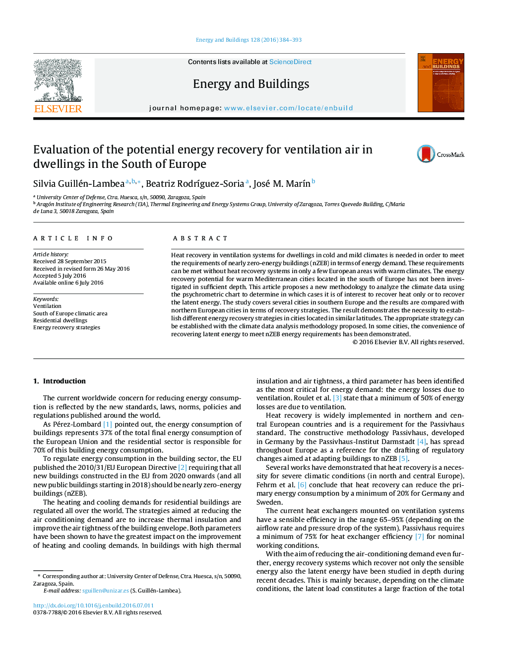 Evaluation of the potential energy recovery for ventilation air in dwellings in the South of Europe