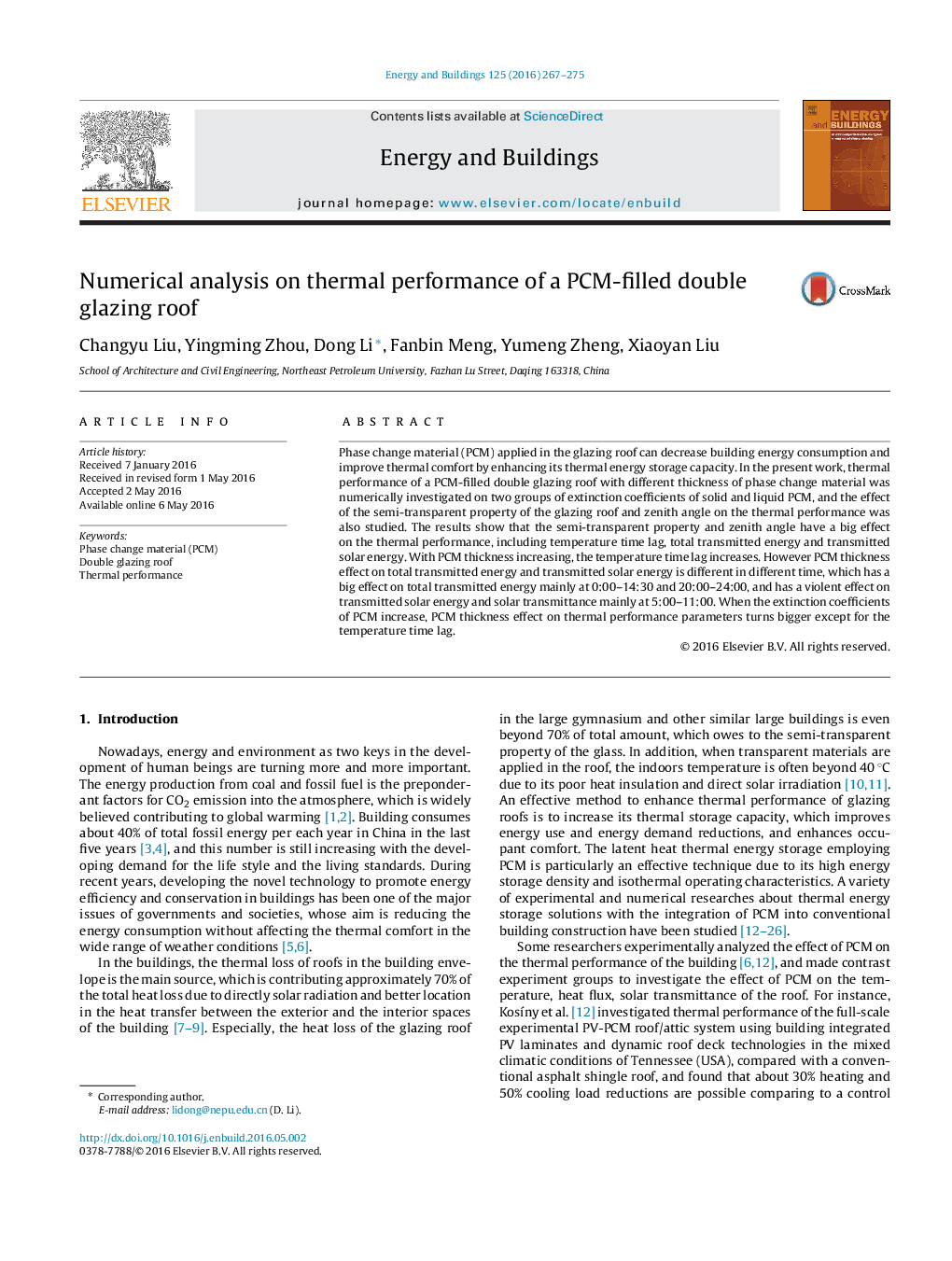 Numerical analysis on thermal performance of a PCM-filled double glazing roof