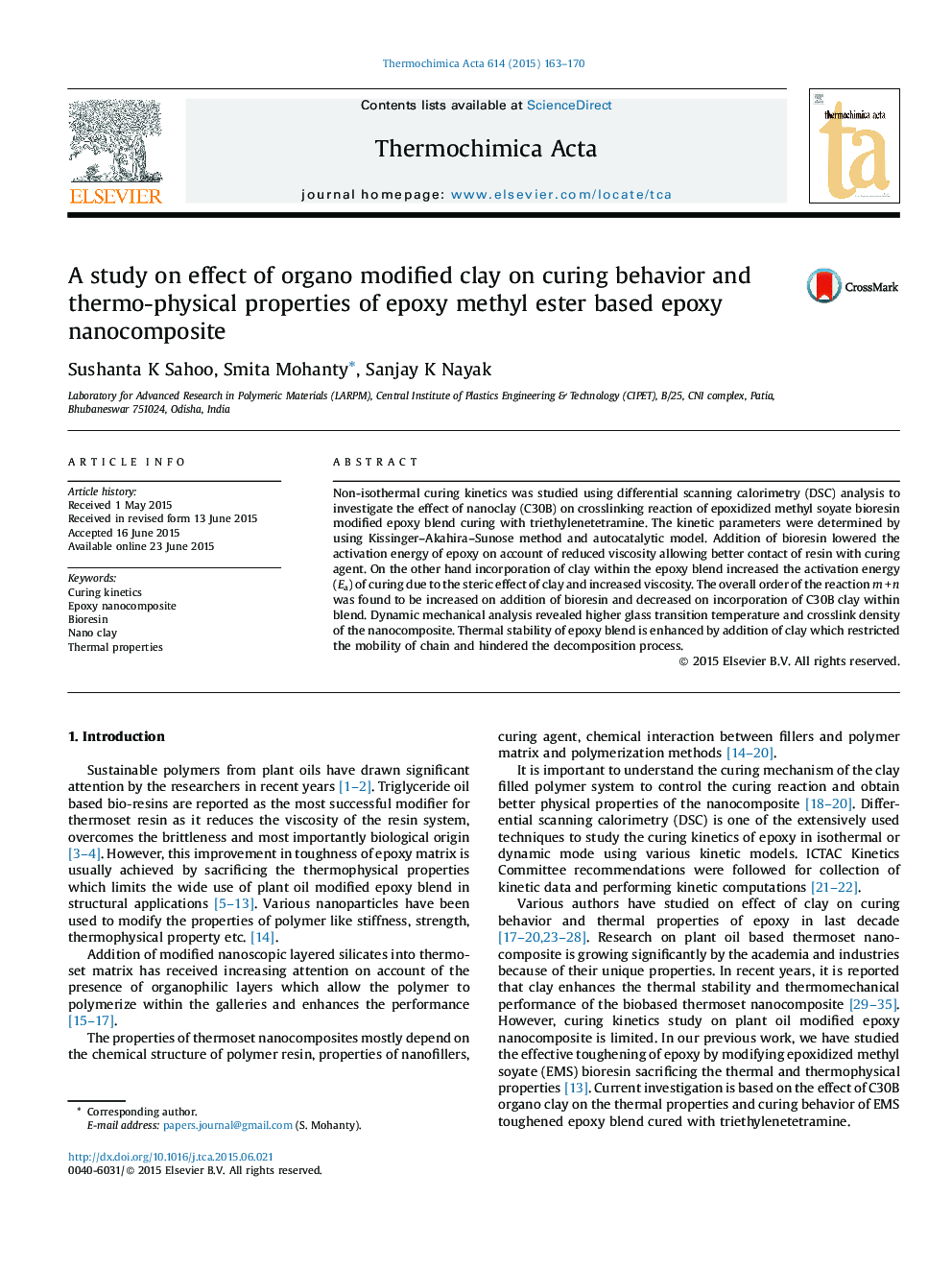 A study on effect of organo modified clay on curing behavior and thermo-physical properties of epoxy methyl ester based epoxy nanocomposite
