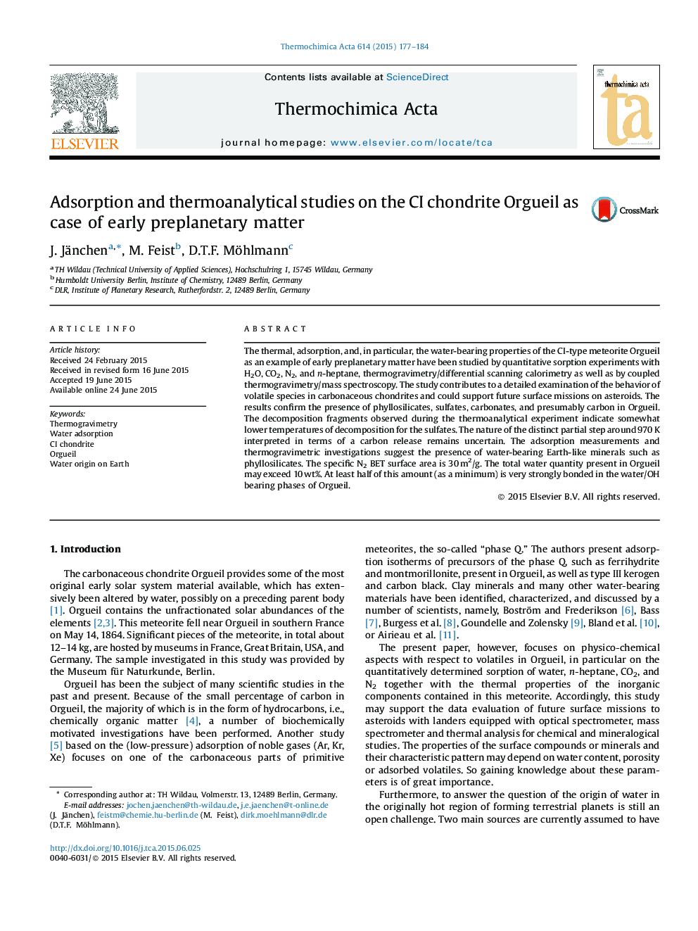 Adsorption and thermoanalytical studies on the CI chondrite Orgueil as case of early preplanetary matter