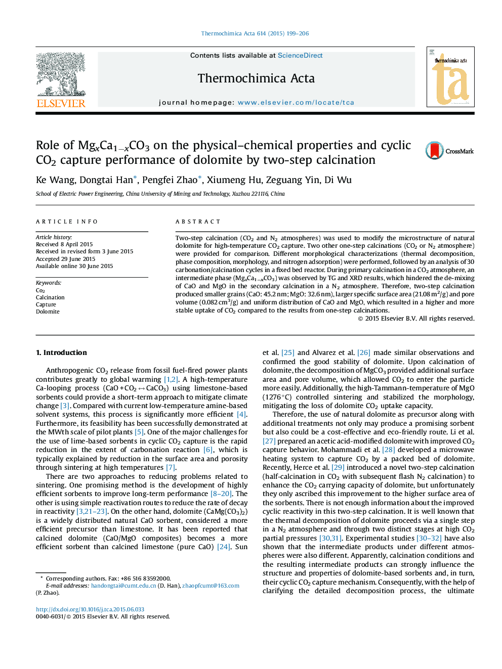 Role of MgxCa1−xCO3 on the physical–chemical properties and cyclic CO2 capture performance of dolomite by two-step calcination