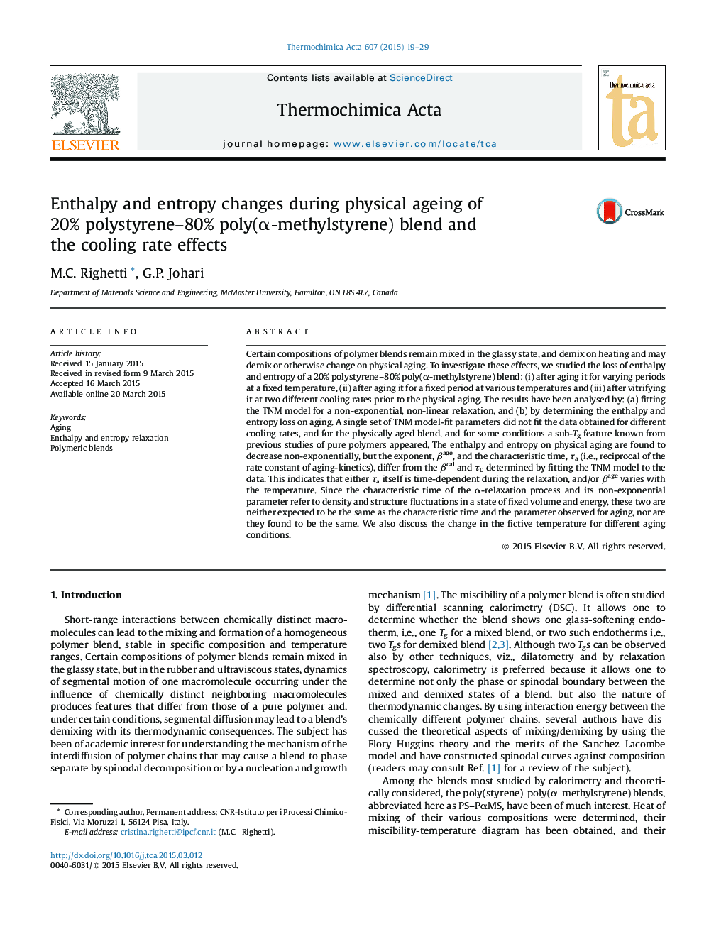 Enthalpy and entropy changes during physical ageing of 20% polystyrene–80% poly(α-methylstyrene) blend and the cooling rate effects