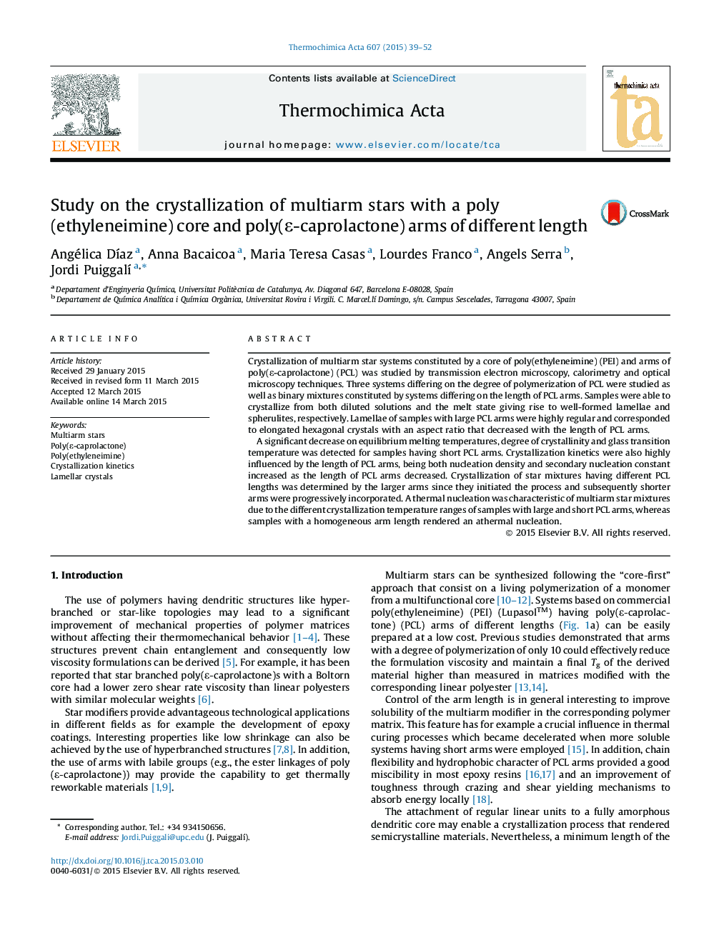 Study on the crystallization of multiarm stars with a poly(ethyleneimine) core and poly(Ïµ-caprolactone) arms of different length