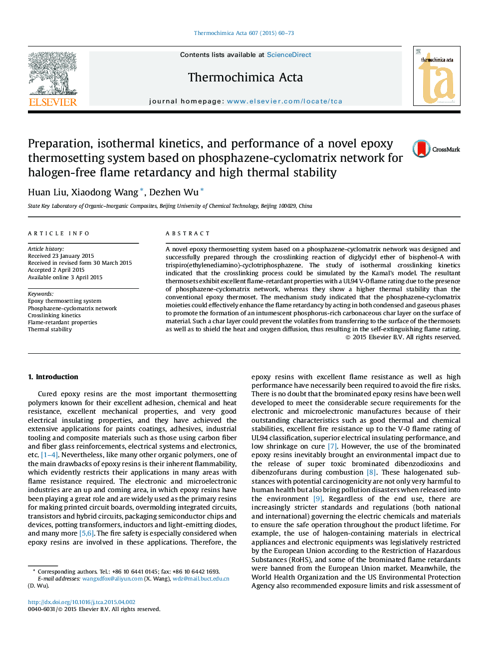 Preparation, isothermal kinetics, and performance of a novel epoxy thermosetting system based on phosphazene-cyclomatrix network for halogen-free flame retardancy and high thermal stability