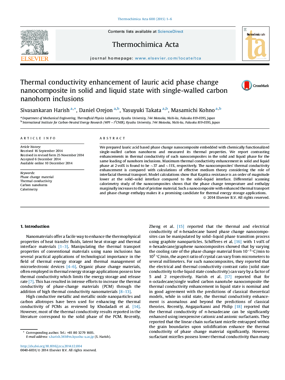 Thermal conductivity enhancement of lauric acid phase change nanocomposite in solid and liquid state with single-walled carbon nanohorn inclusions