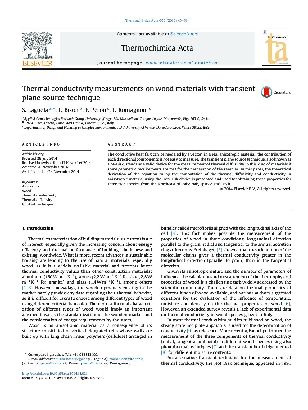 Thermal conductivity measurements on wood materials with transient plane source technique