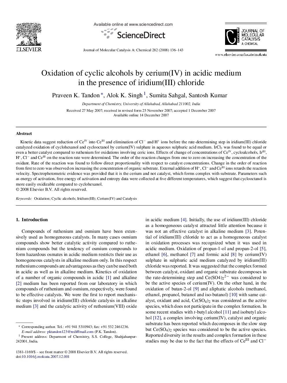 عکس صفحه اول مقاله: Oxidation of cyclic alcohols by cerium(IV) in acidic medium in the presence of iridium(III) chloride Oxidation of cyclic alcohols by cerium(IV) in acidic medium in the presence of iridium(III) chloride