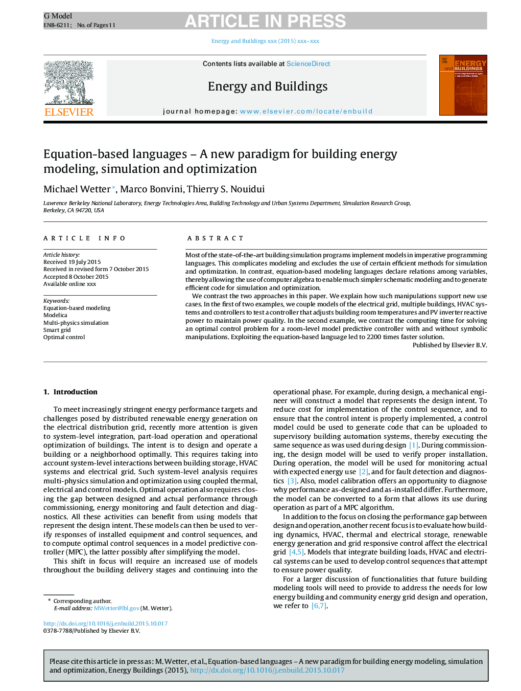 Equation-based languages - A new paradigm for building energy modeling, simulation and optimization