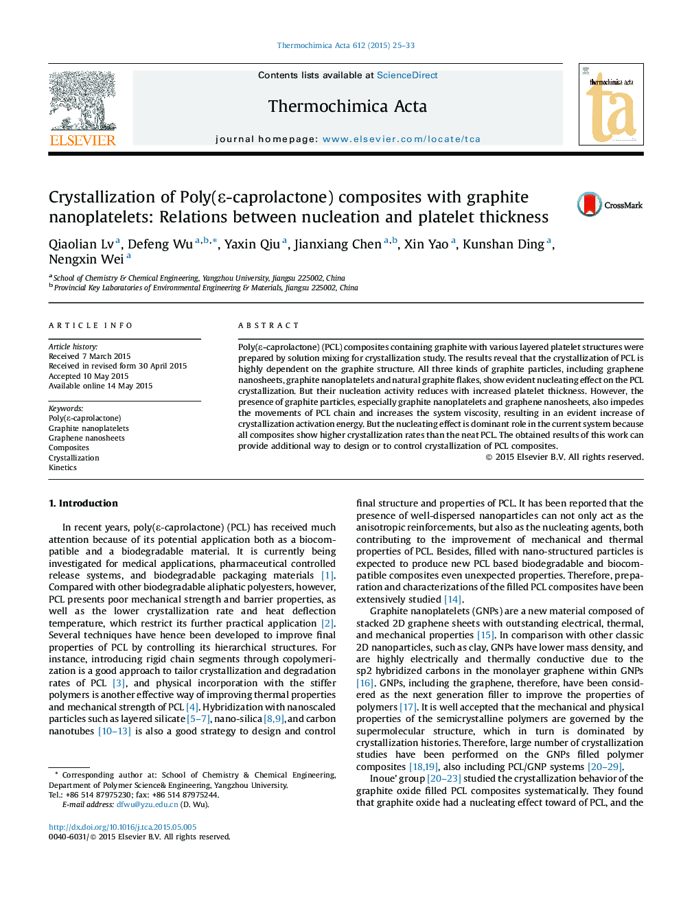 Crystallization of Poly(ϵ-caprolactone) composites with graphite nanoplatelets: Relations between nucleation and platelet thickness