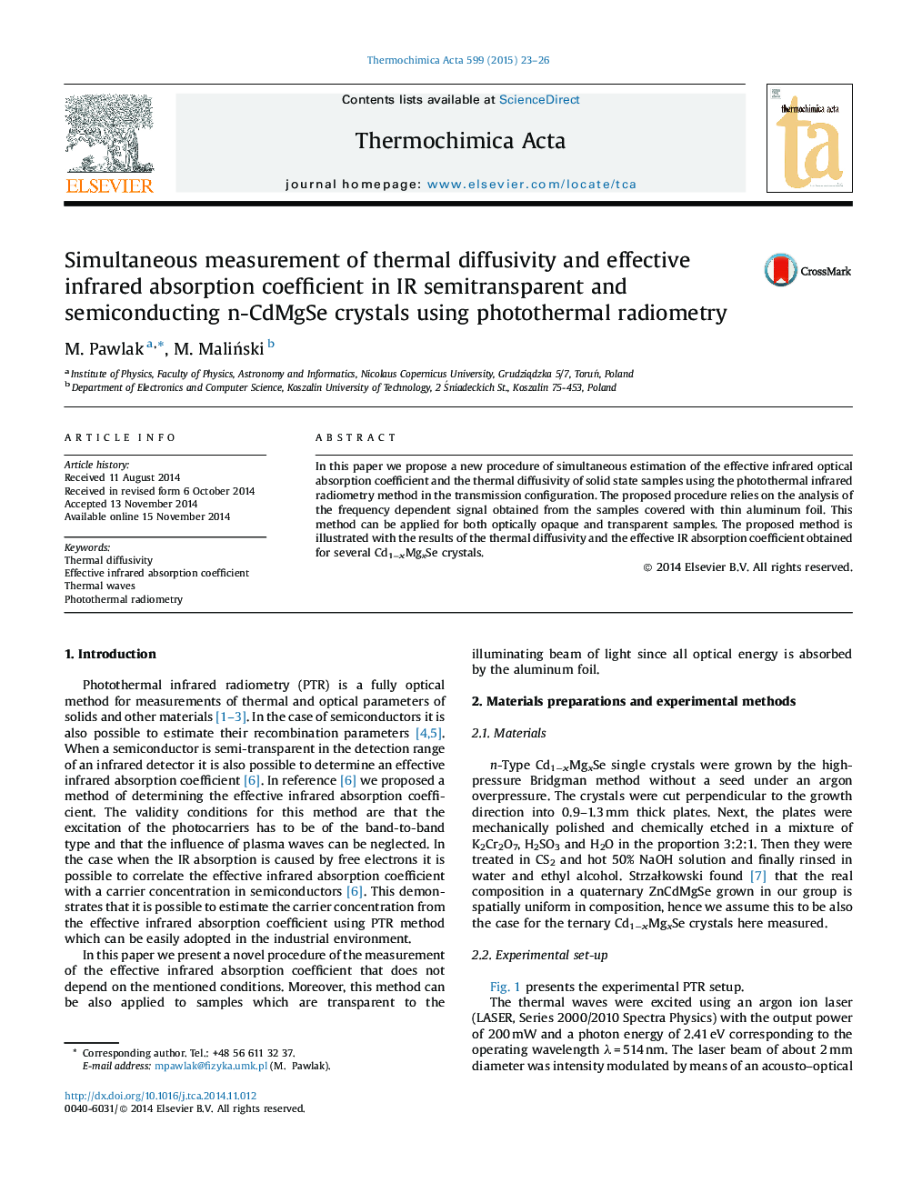 Simultaneous measurement of thermal diffusivity and effective infrared absorption coefficient in IR semitransparent and semiconducting n-CdMgSe crystals using photothermal radiometry