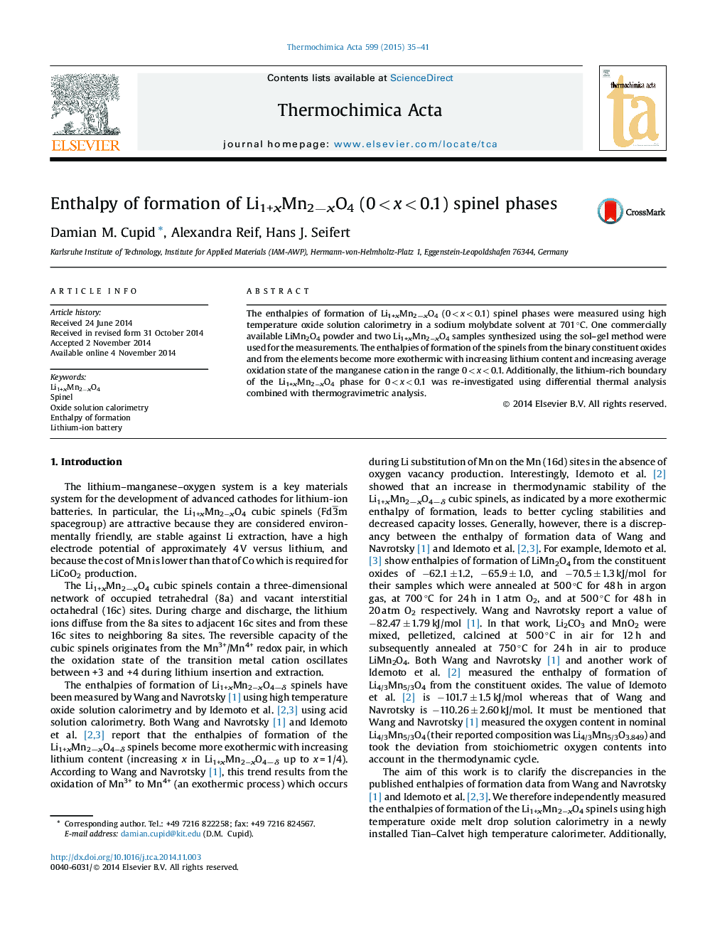 Enthalpy of formation of Li1+xMn2−xO4 (0 < x < 0.1) spinel phases