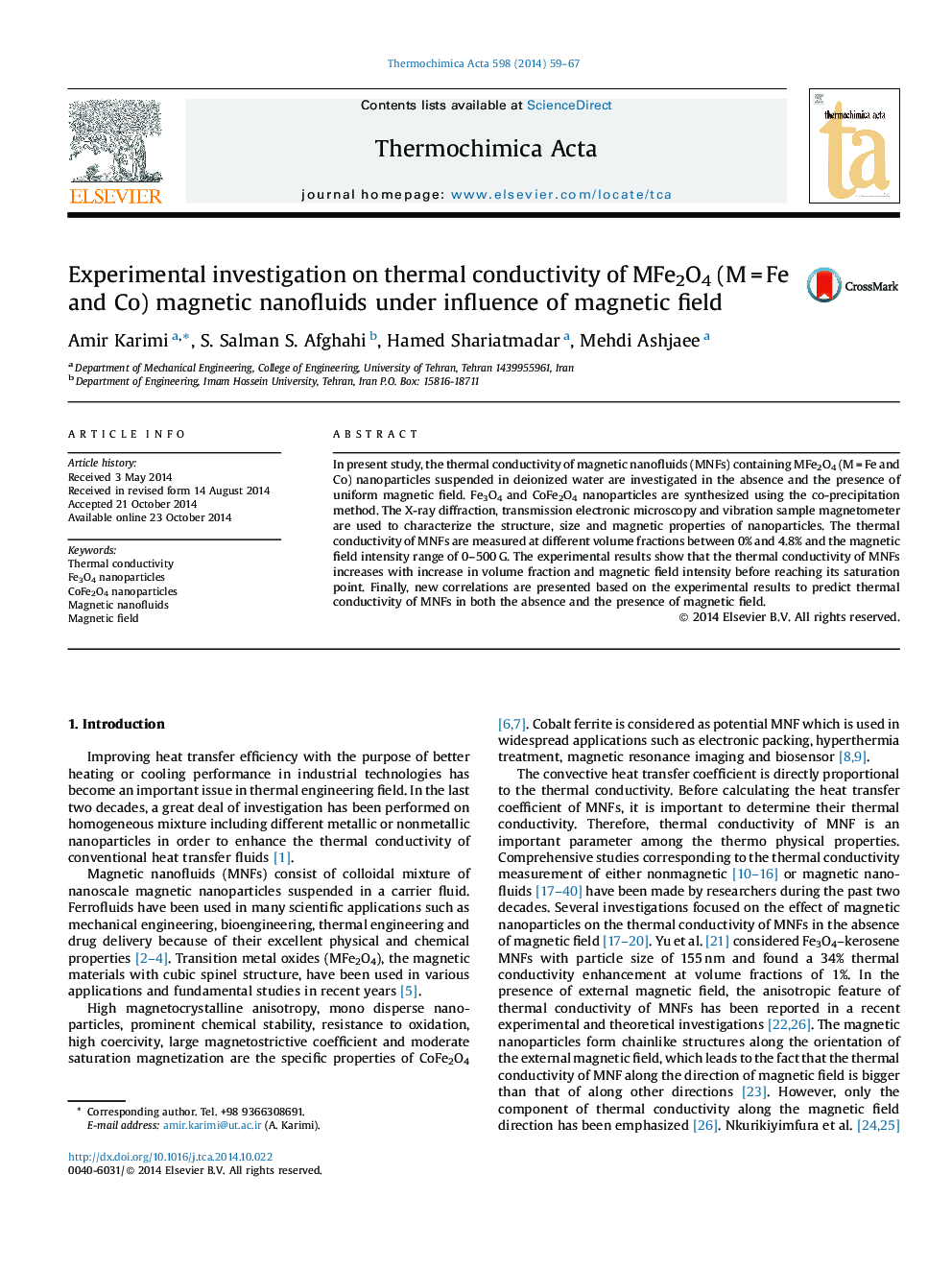 Experimental investigation on thermal conductivity of MFe2O4 (M = Fe and Co) magnetic nanofluids under influence of magnetic field