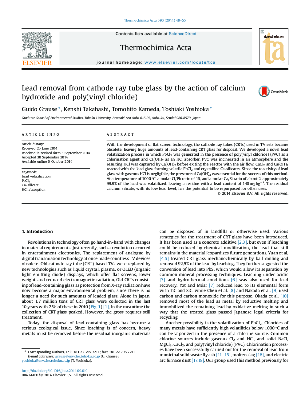 Lead removal from cathode ray tube glass by the action of calcium hydroxide and poly(vinyl chloride)