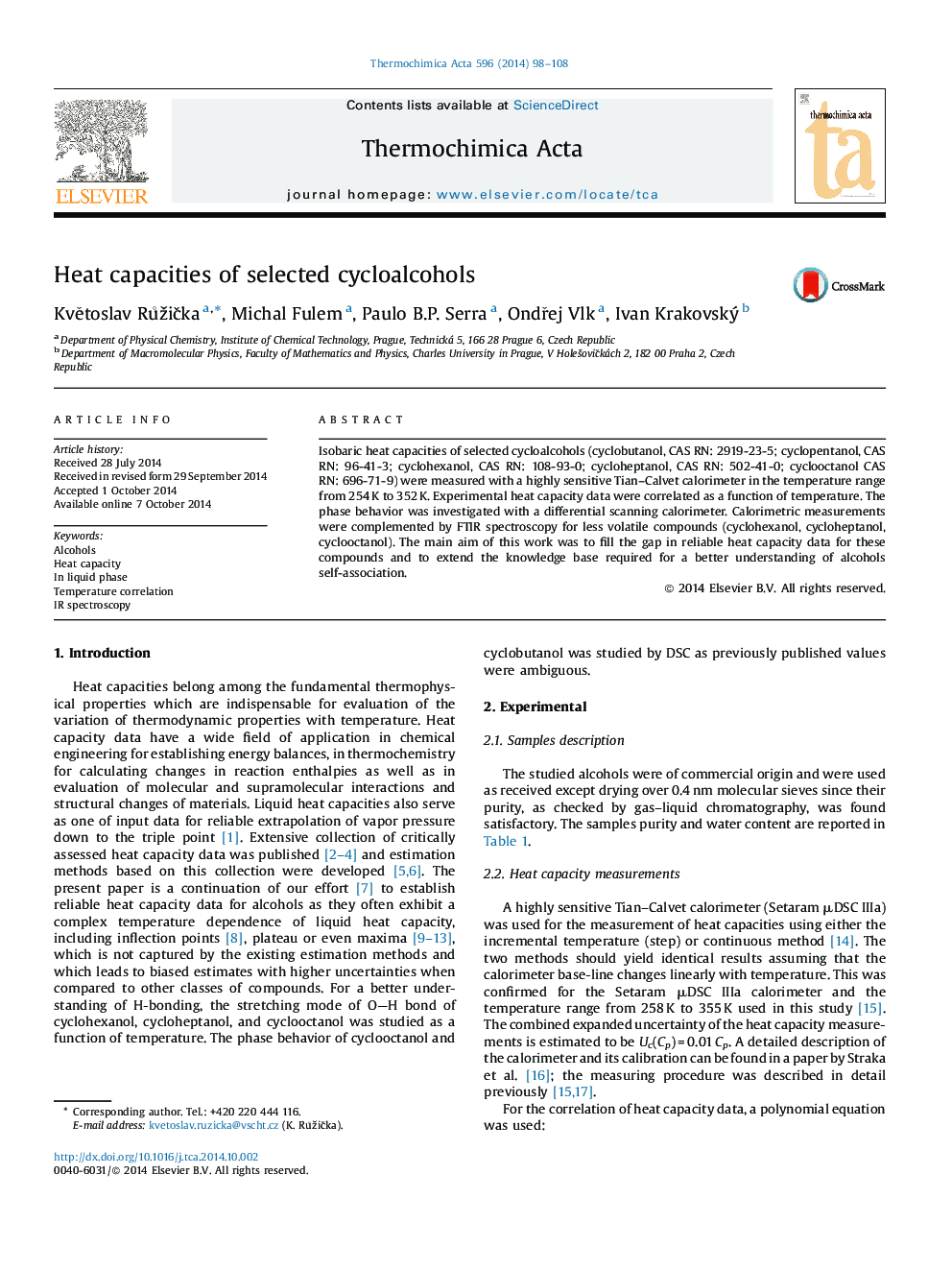 Heat capacities of selected cycloalcohols