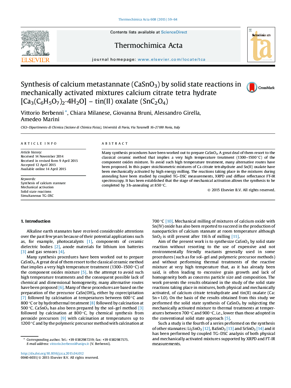 Synthesis of calcium metastannate (CaSnO3) by solid state reactions in mechanically activated mixtures calcium citrate tetra hydrate [Ca3(C6H5O7)2·4H2O] – tin(II) oxalate (SnC2O4)