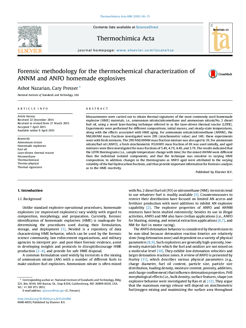 Forensic methodology for the thermochemical characterization of ANNM and ANFO homemade explosives