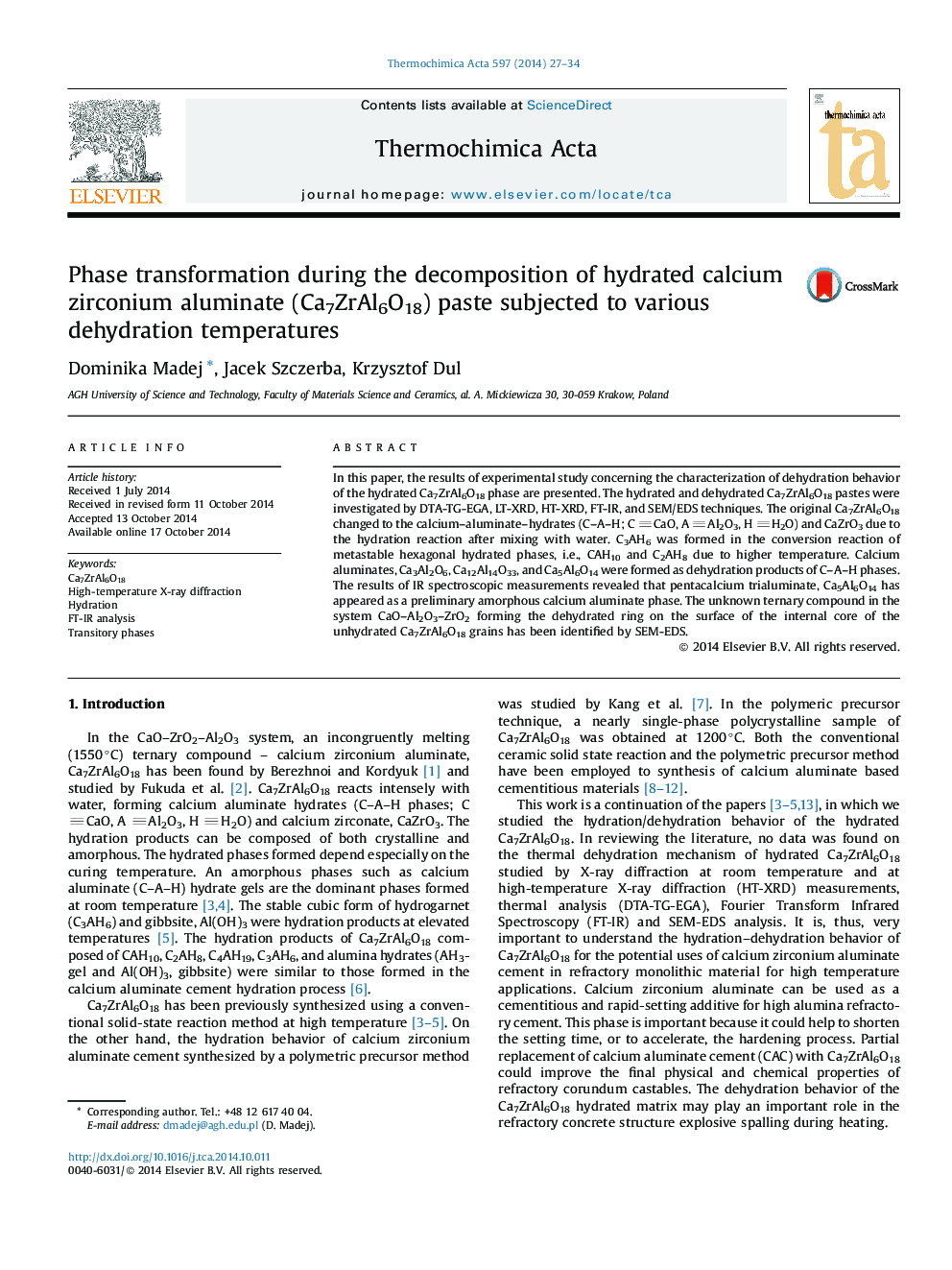 Phase transformation during the decomposition of hydrated calcium zirconium aluminate (Ca7ZrAl6O18) paste subjected to various dehydration temperatures