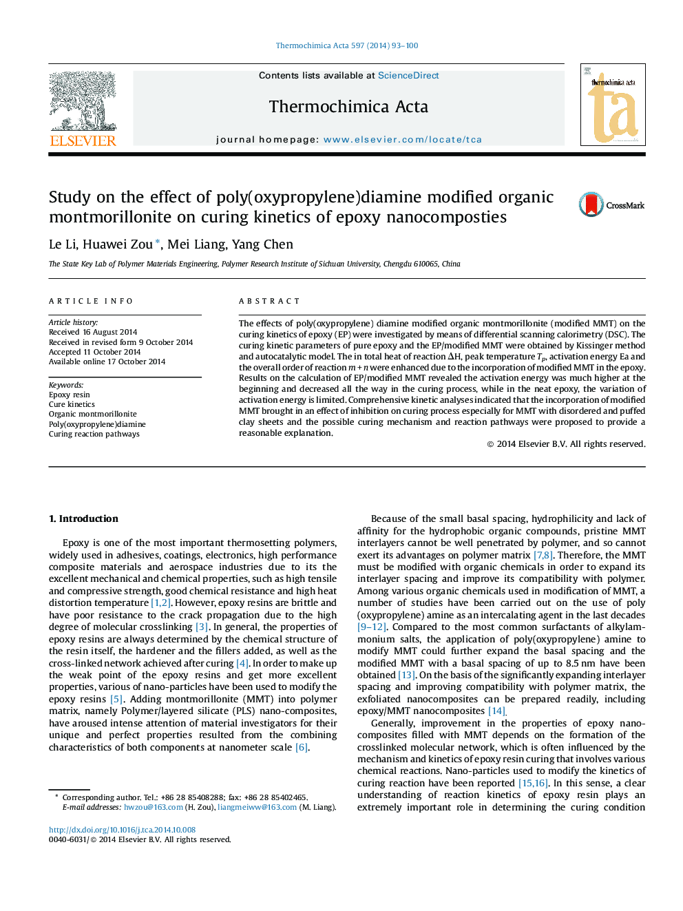 Study on the effect of poly(oxypropylene)diamine modified organic montmorillonite on curing kinetics of epoxy nanocomposties