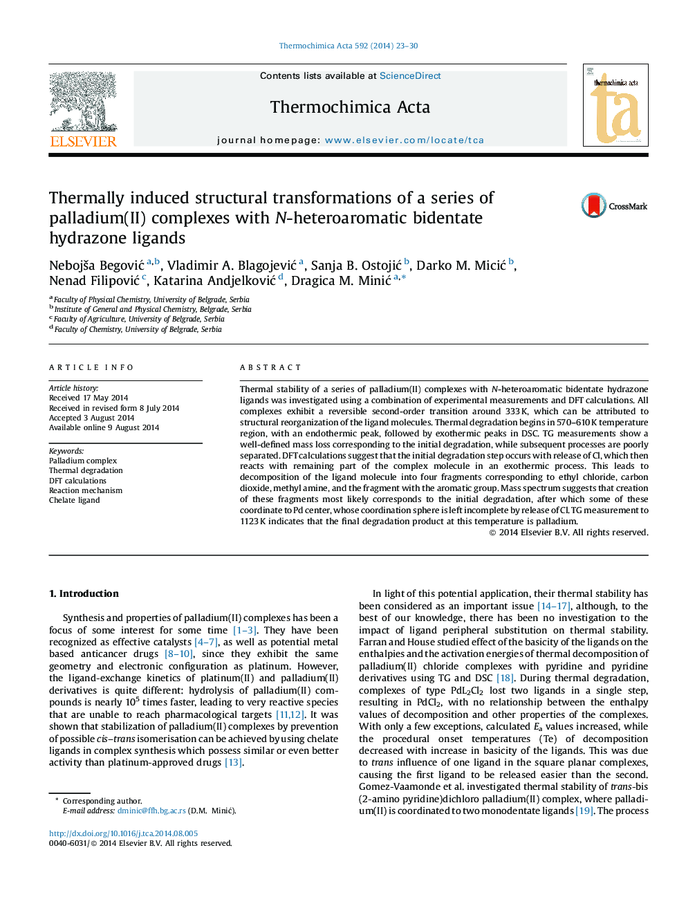 Thermally induced structural transformations of a series of palladium(II) complexes with N-heteroaromatic bidentate hydrazone ligands