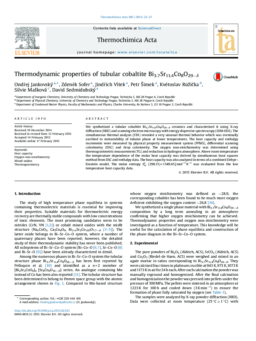 Thermodynamic properties of tubular cobaltite Bi3.7Sr11.4Co8O29−δ