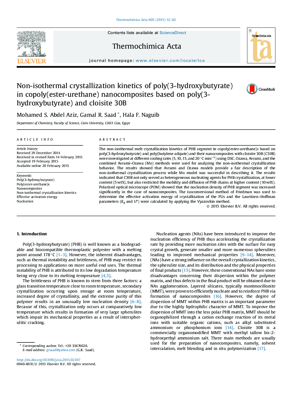 Non-isothermal crystallization kinetics of poly(3-hydroxybutyrate) in copoly(ester-urethane) nanocomposites based on poly(3-hydroxybutyrate) and cloisite 30B
