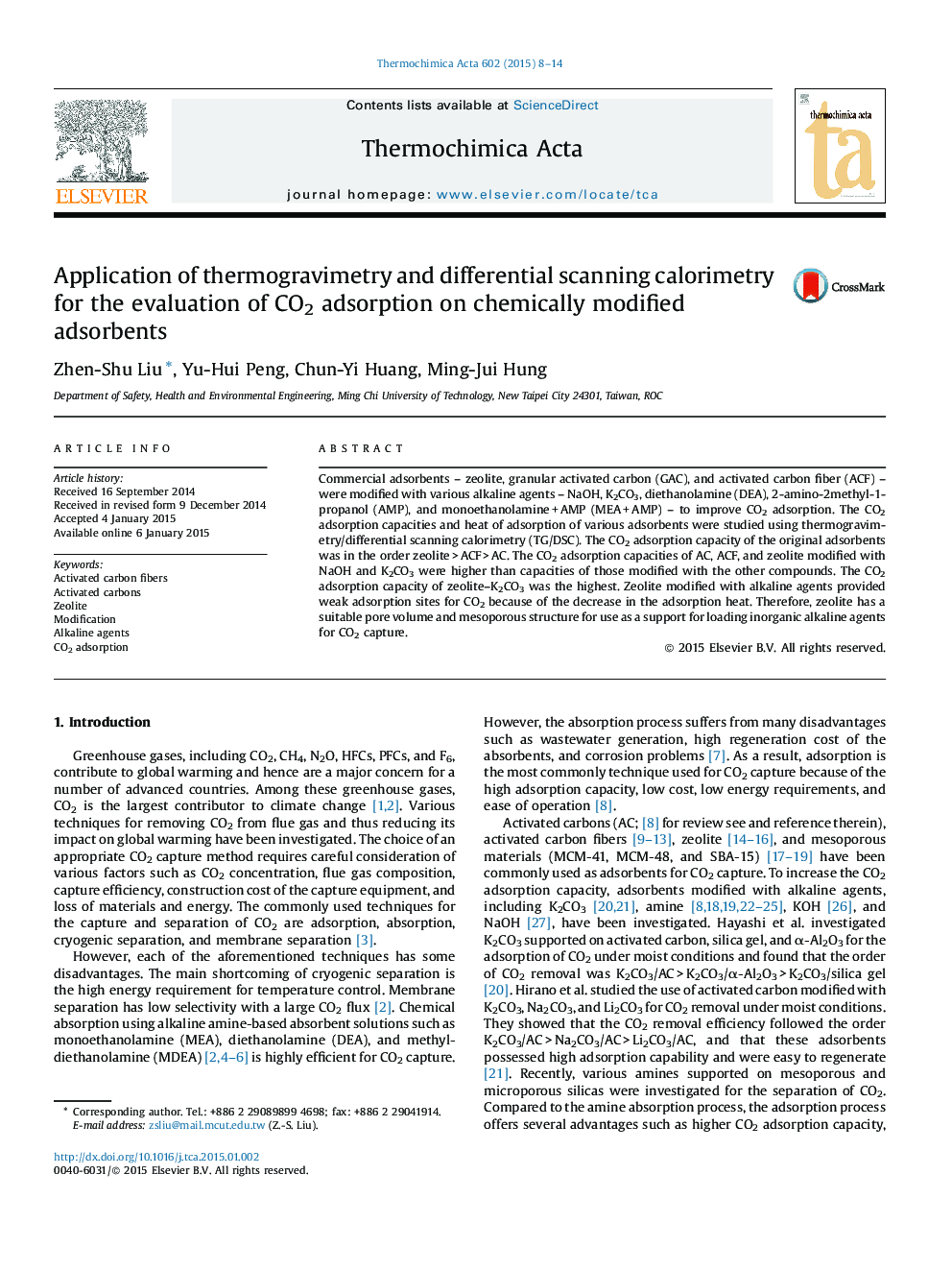 Application of thermogravimetry and differential scanning calorimetry for the evaluation of CO2 adsorption on chemically modified adsorbents