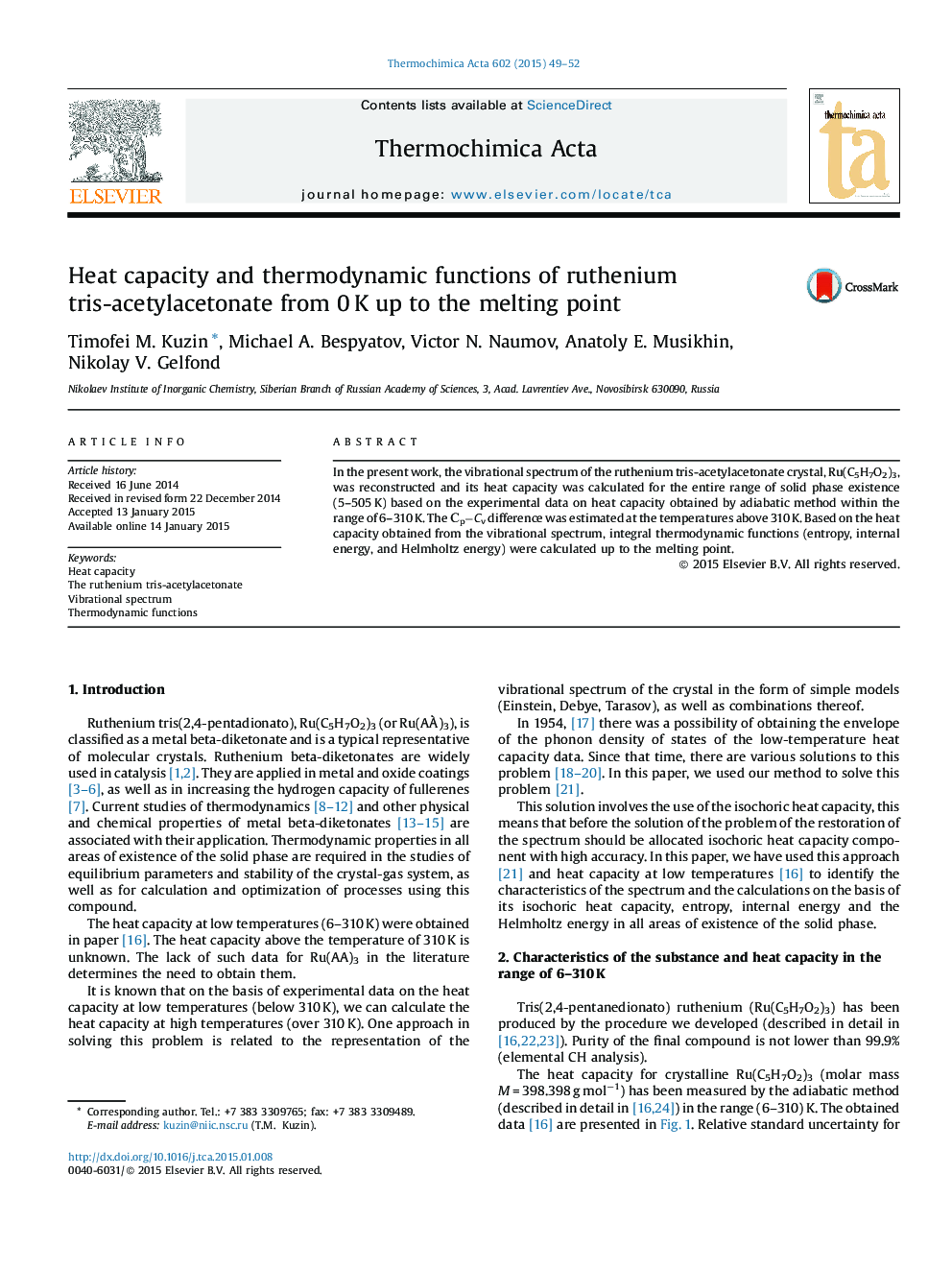 Heat capacity and thermodynamic functions of ruthenium tris-acetylacetonate from 0 K up to the melting point