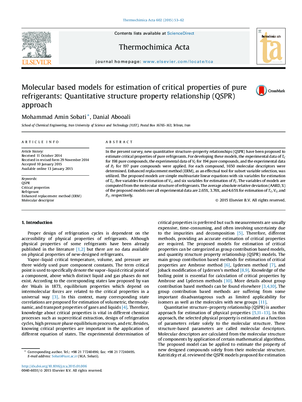 Molecular based models for estimation of critical properties of pure refrigerants: Quantitative structure property relationship (QSPR) approach