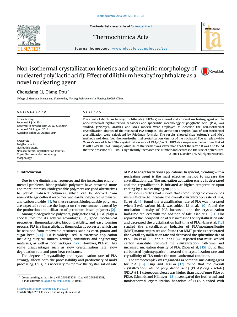 Non-isothermal crystallization kinetics and spherulitic morphology of nucleated poly(lactic acid): Effect of dilithium hexahydrophthalate as a novel nucleating agent