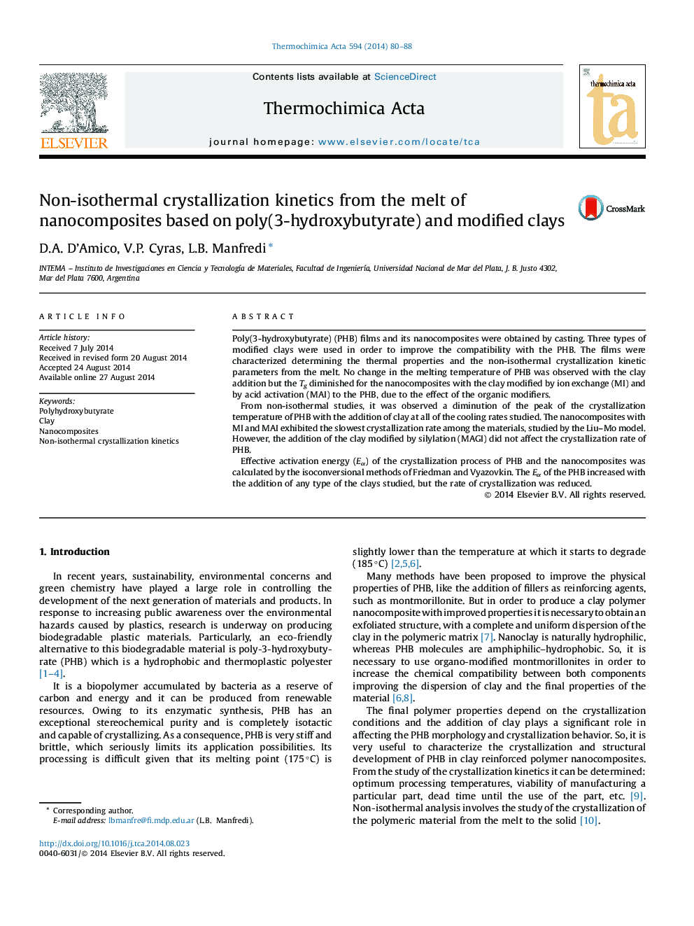 عکس صفحه اول مقاله: Non-isothermal crystallization kinetics from the melt of nanocomposites based on poly(3-hydroxybutyrate) and modified clays Non-isothermal crystallization kinetics from the melt of nanocomposites based on poly(3-hydroxybutyrate) and modified clays