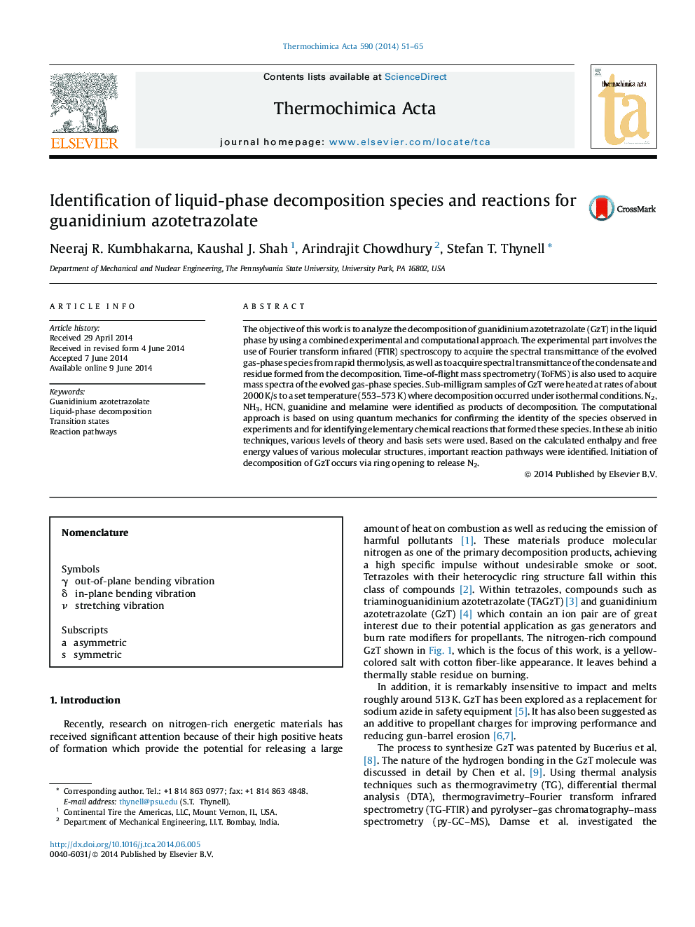 Identification of liquid-phase decomposition species and reactions for guanidinium azotetrazolate