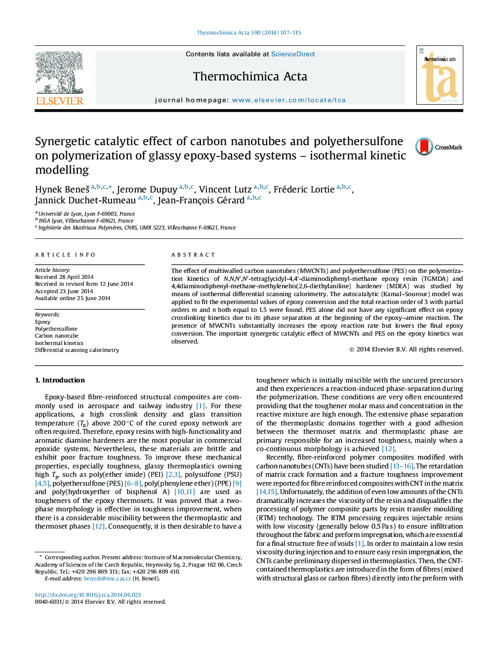 Synergetic catalytic effect of carbon nanotubes and polyethersulfone on polymerization of glassy epoxy-based systems – isothermal kinetic modelling