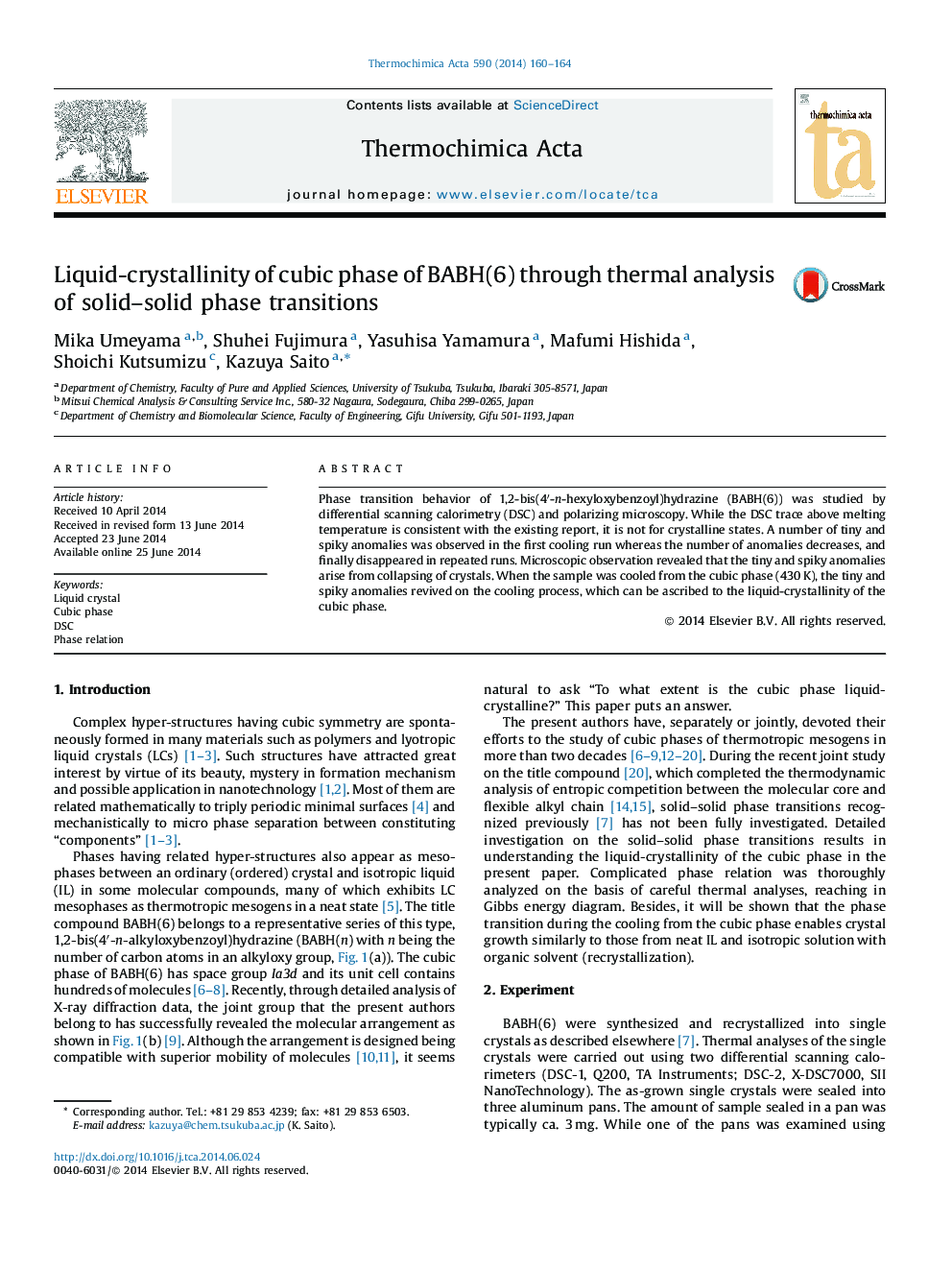 Liquid-crystallinity of cubic phase of BABH(6) through thermal analysis of solid–solid phase transitions