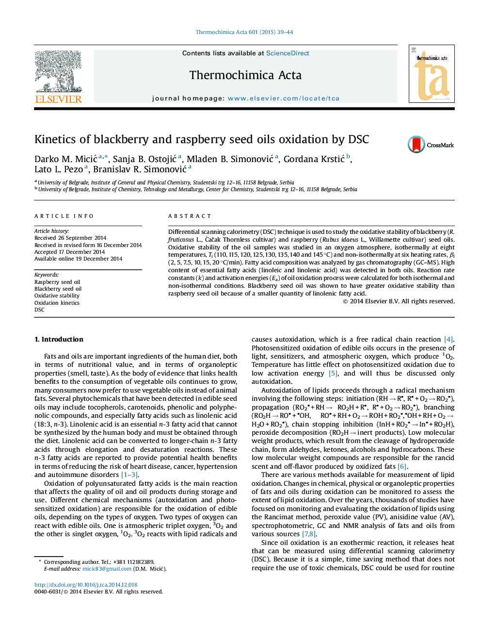 Kinetics of blackberry and raspberry seed oils oxidation by DSC