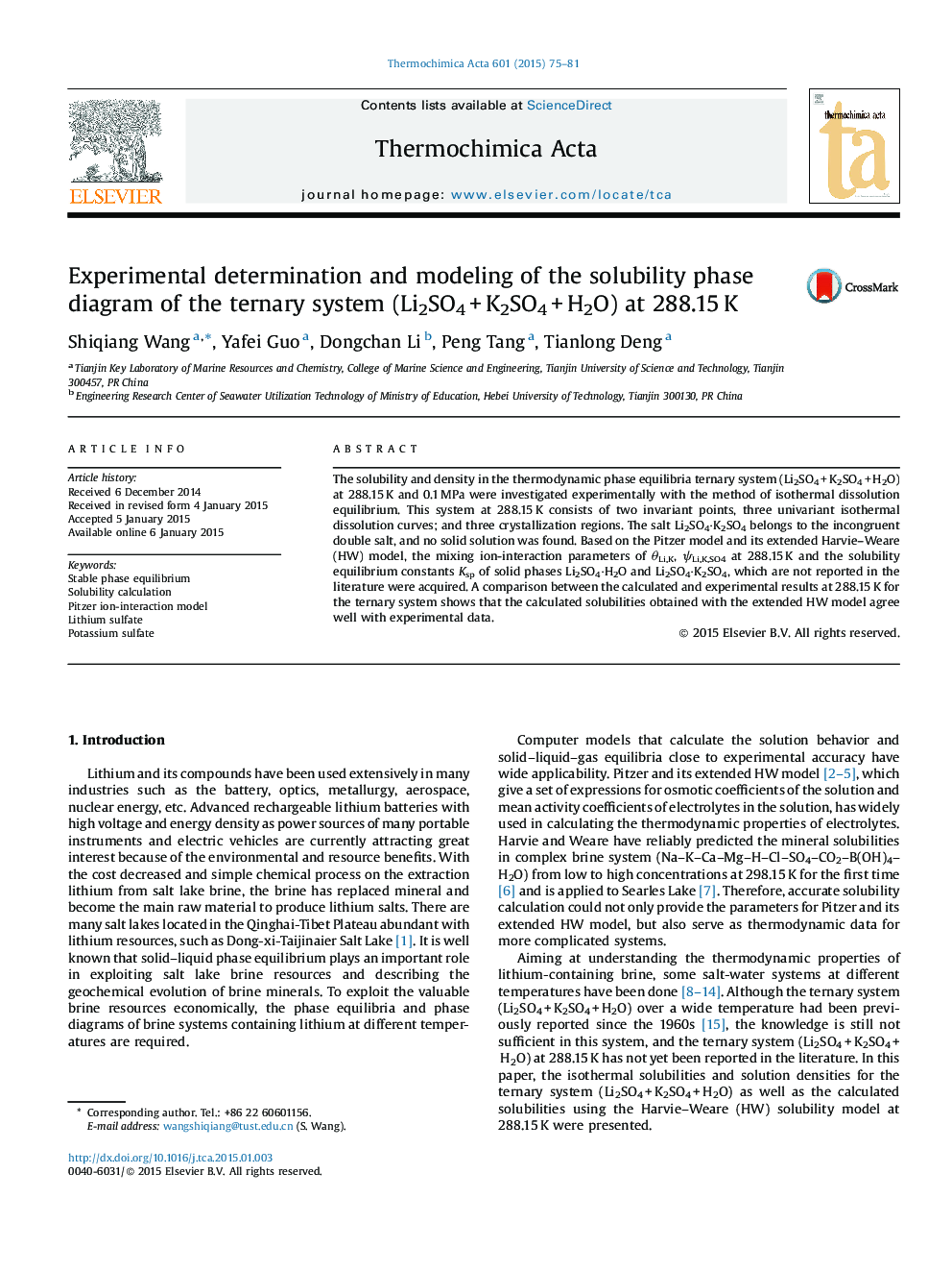 Experimental determination and modeling of the solubility phase diagram of the ternary system (Li2SO4 + K2SO4 + H2O) at 288.15 K