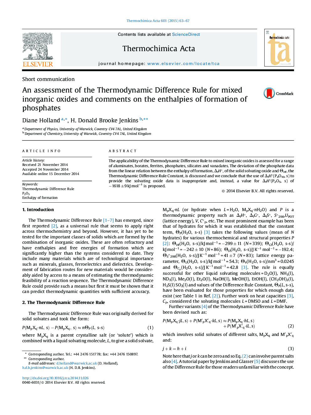 ارزیابی قانون ترمودینامیک اختلاف برای اکسید های غیر ارگانیکی مخلوط و نظرات در مورد آنتولپی های تشکیل فسفات ها 