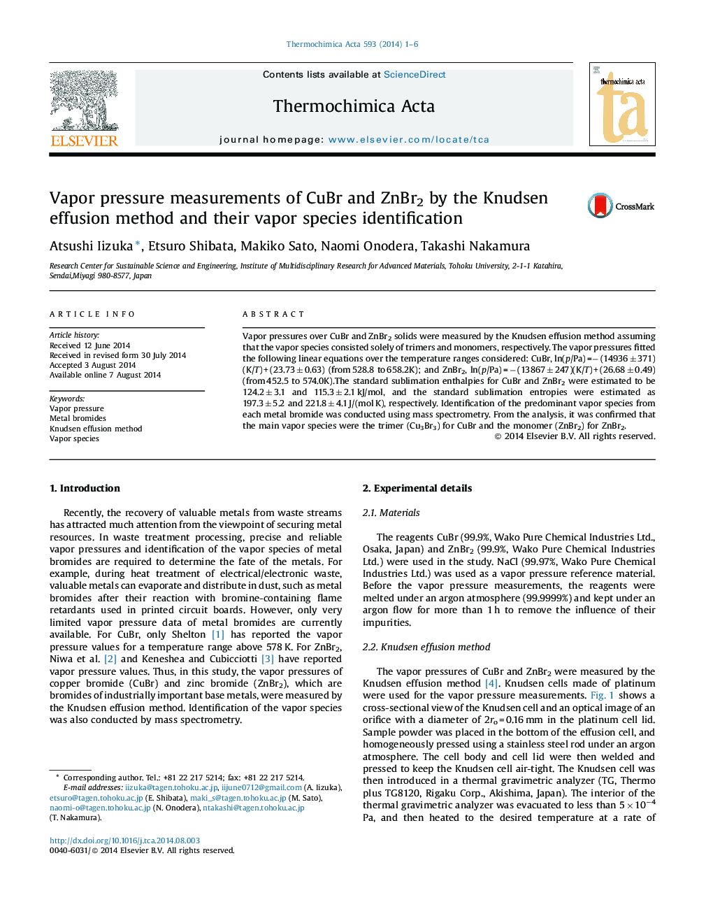 Vapor pressure measurements of CuBr and ZnBr2 by the Knudsen effusion method and their vapor species identification