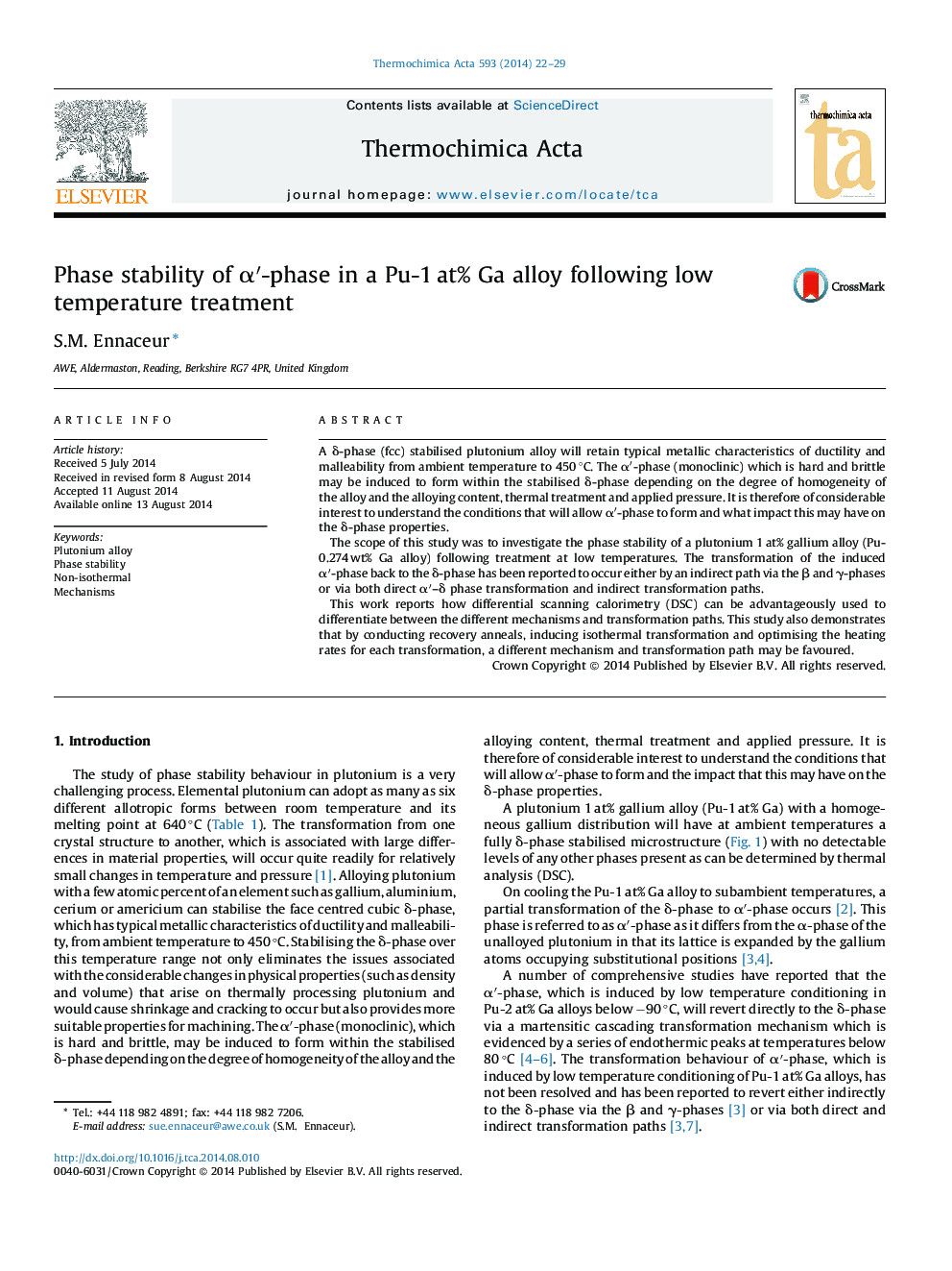 عکس صفحه اول مقاله: Phase stability of α′-phase in a Pu-1 at% Ga alloy following low temperature treatment Phase stability of α′-phase in a Pu-1 at% Ga alloy following low temperature treatment