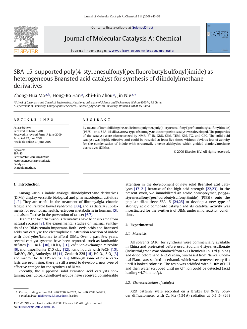 SBA-15-supported poly(4-styrenesulfonyl(perfluorobutylsulfonyl)imide) as heterogeneous Brønsted acid catalyst for synthesis of diindolylmethane derivatives