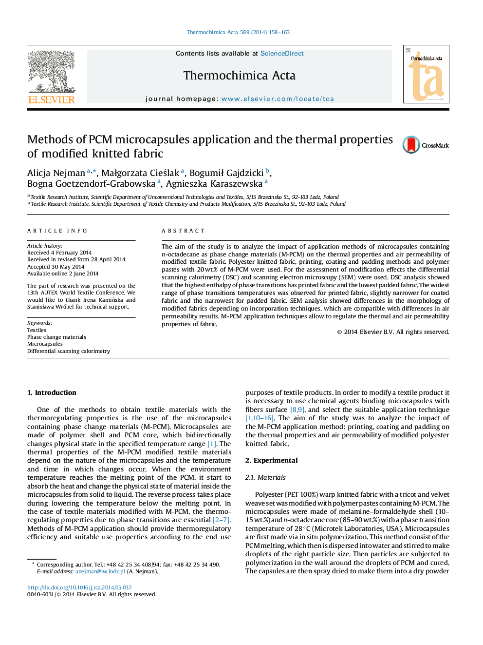 Methods of PCM microcapsules application and the thermal properties of modified knitted fabric