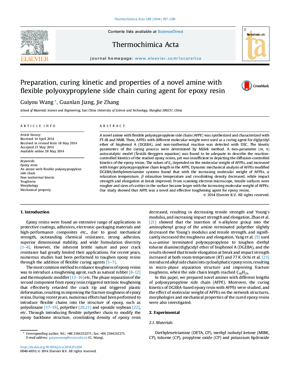 Preparation, curing kinetic and properties of a novel amine with flexible polyoxypropylene side chain curing agent for epoxy resin