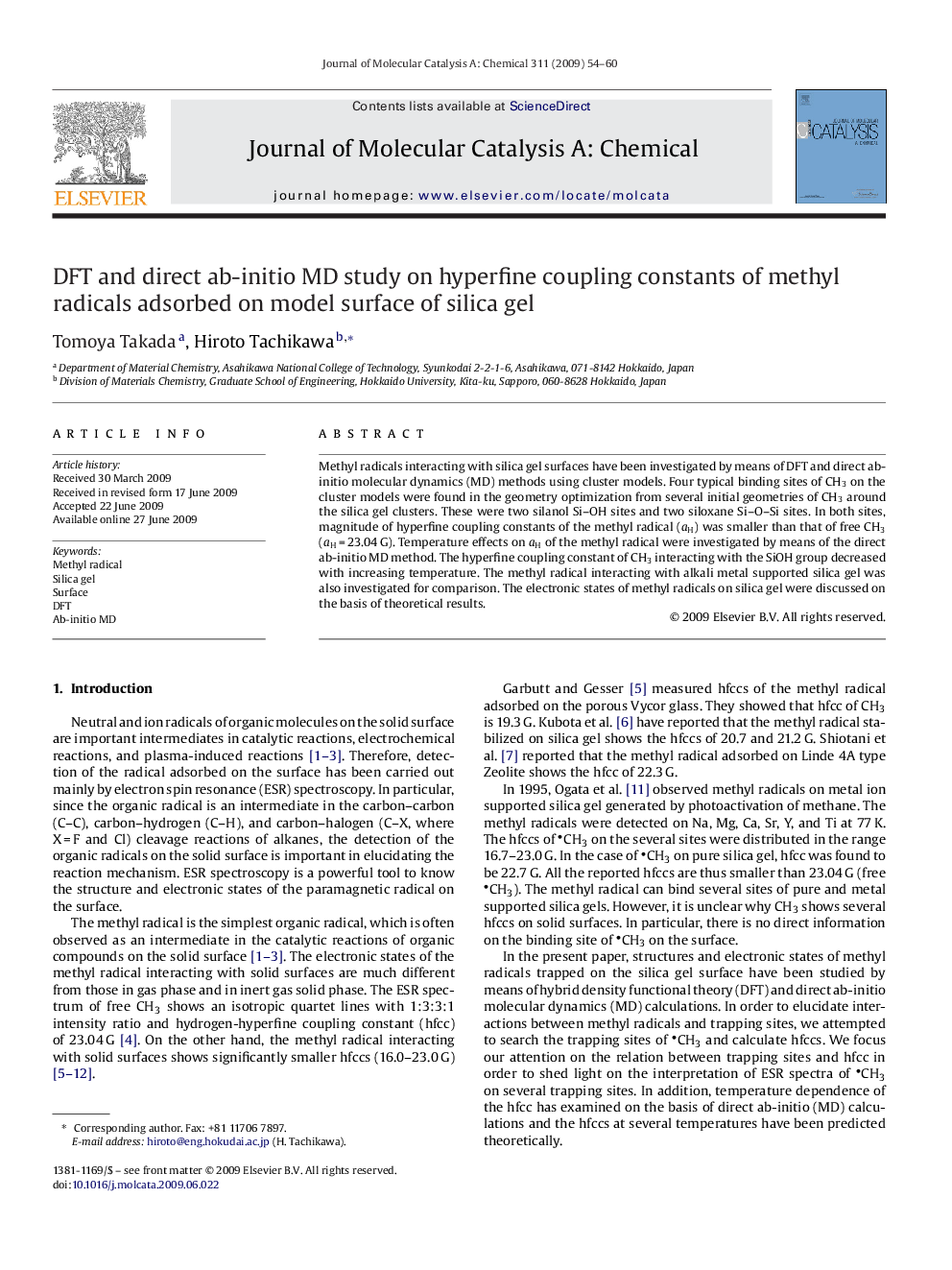 DFT and direct ab-initio MD study on hyperfine coupling constants of methyl radicals adsorbed on model surface of silica gel