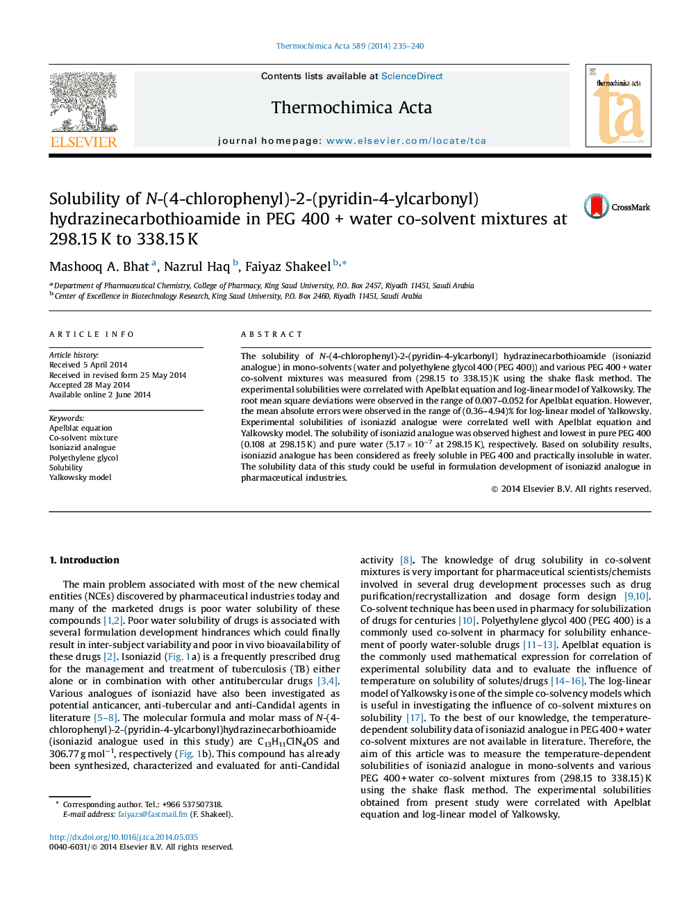 Solubility of N-(4-chlorophenyl)-2-(pyridin-4-ylcarbonyl)hydrazinecarbothioamide in PEG 400 + water co-solvent mixtures at 298.15 K to 338.15 K