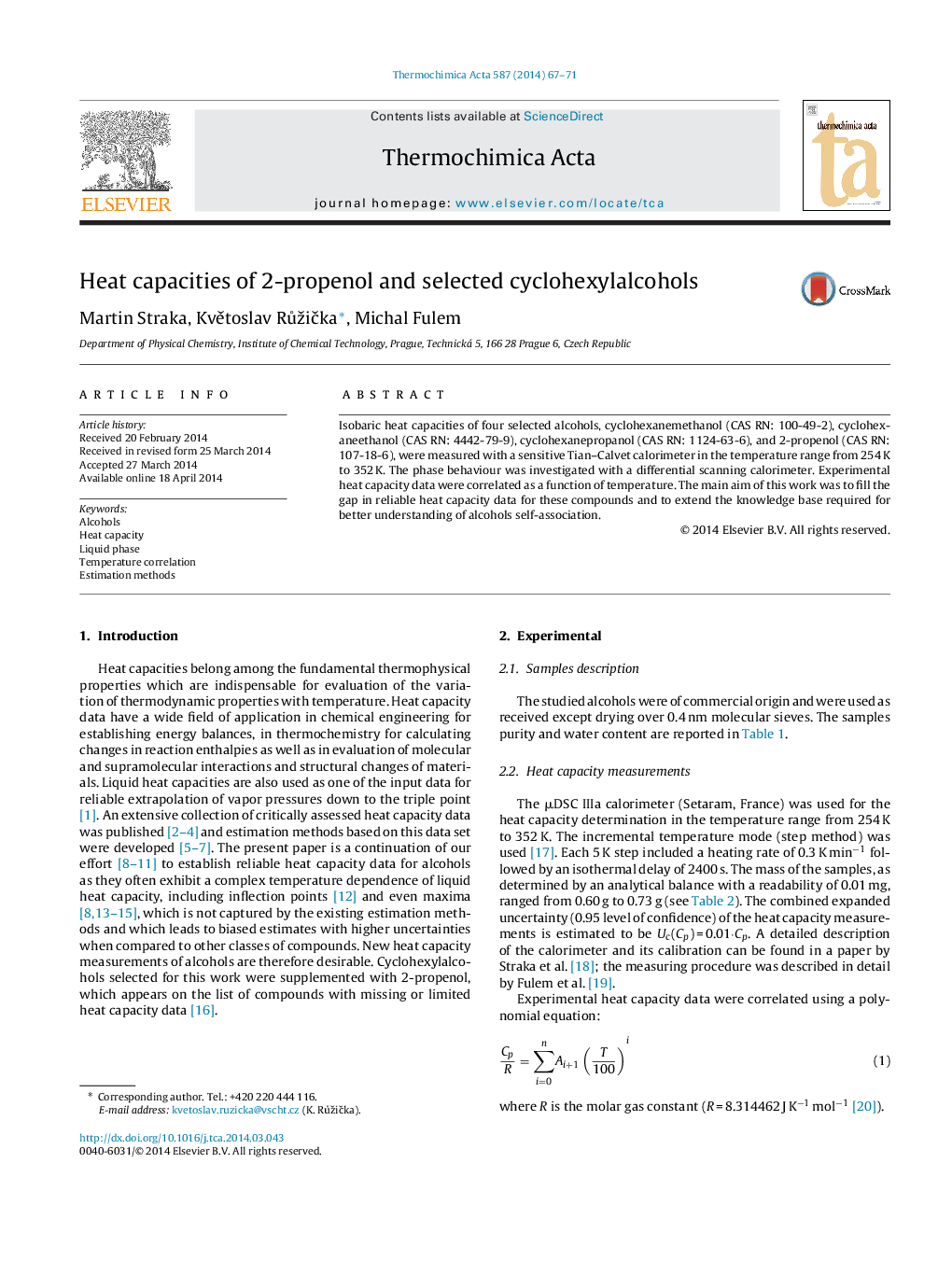 Heat capacities of 2-propenol and selected cyclohexylalcohols