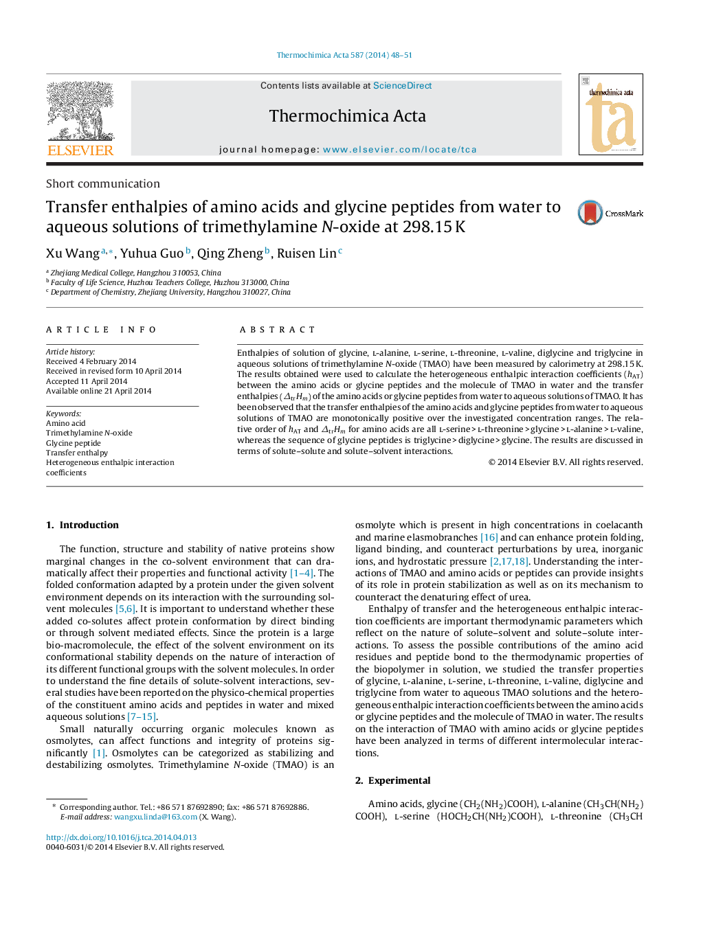 Transfer enthalpies of amino acids and glycine peptides from water to aqueous solutions of trimethylamine N-oxide at 298.15 K