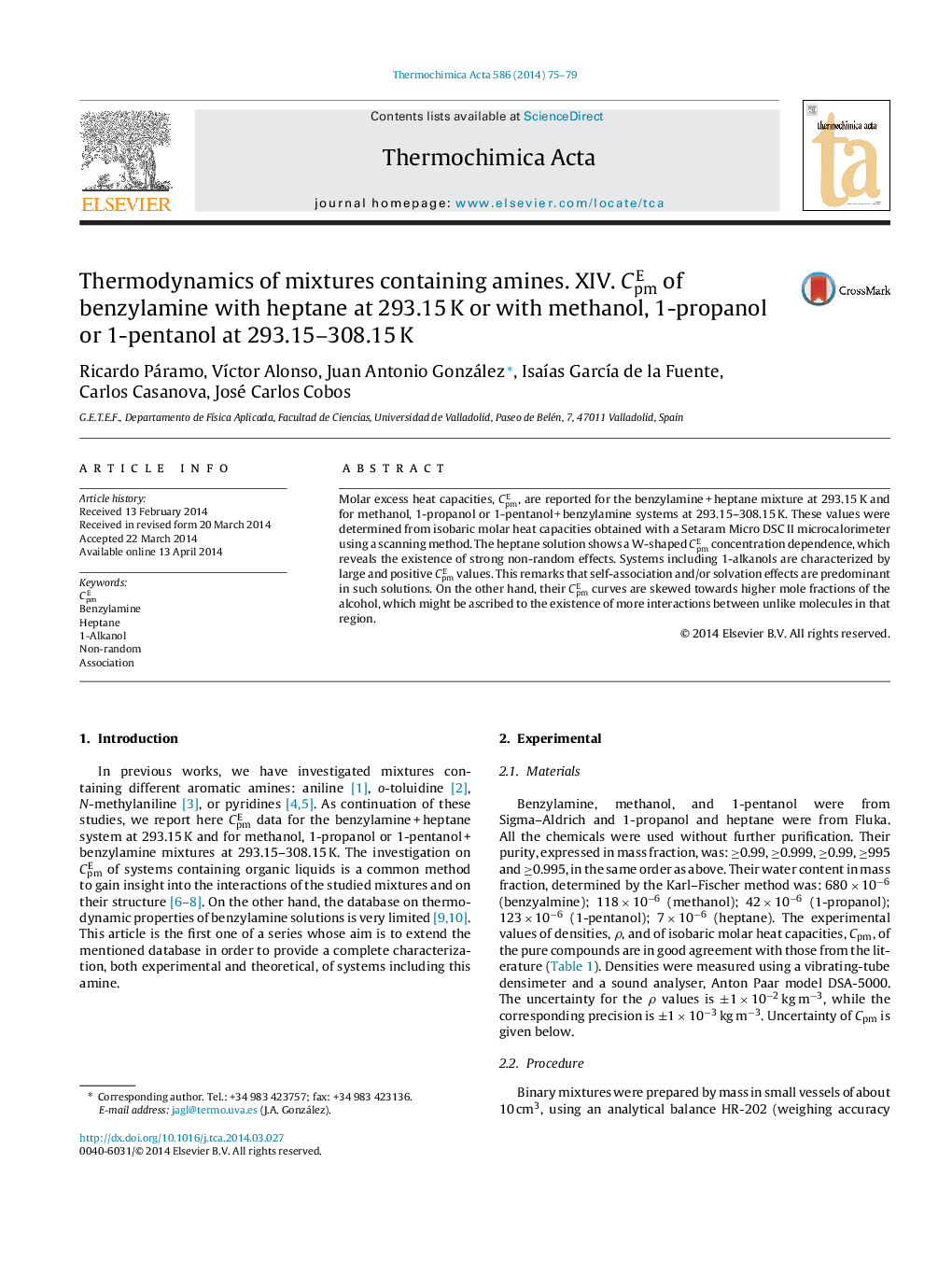 Thermodynamics of mixtures containing amines. XIV. CpmE of benzylamine with heptane at 293.15 K or with methanol, 1-propanol or 1-pentanol at 293.15–308.15 K