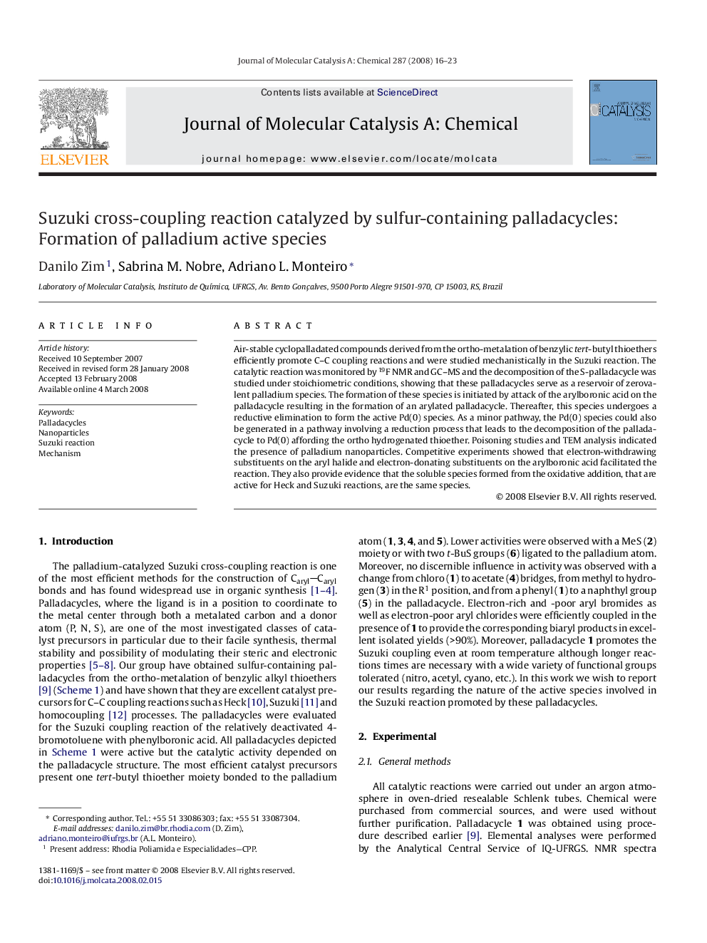 Suzuki cross-coupling reaction catalyzed by sulfur-containing palladacycles: Formation of palladium active species