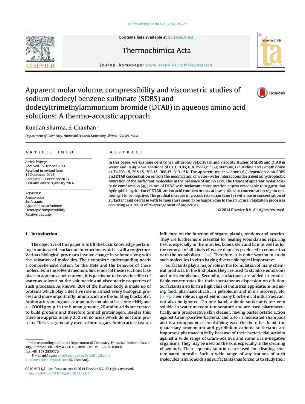 Apparent molar volume, compressibility and viscometric studies of sodium dodecyl benzene sulfonate (SDBS) and dodecyltrimethylammonium bromide (DTAB) in aqueous amino acid solutions: A thermo-acoustic approach